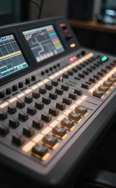 A close-up of a high-tech video editing console with backlit keys in a dark, sophisticated room. The atmosphere is professional and modern with subtle off-white and golden ambient lighting. Global / Western.
