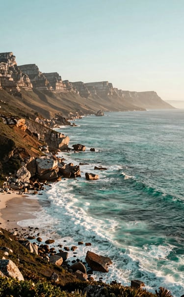 A wide-angle landscape shot of the South African coastline near Cape Town, dramatic cliffs meeting the turquoise ocean, soft afternoon light, Pale Aqua and Muted Seafoam color palette.