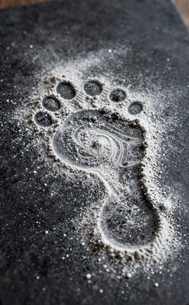 A close-up, experimental photograph of a dark charcoal surface covered in fine white dust. The dust is vibrating into a complex Chladni pattern, resembling the interaction of bosons. The composition is cinematic with a shallow depth of field, highlighting the tactile texture of the frequency-driven footprint.