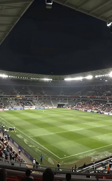 A wide-angle, low-perspective shot of a stadium during a night event. The floodlights create a dramatic flare, illuminating the pitch. Authentic atmosphere, capturing the scale of the event with tones of #0D0D0D and #8C847E.