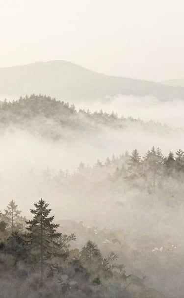 A dreamy watercolor landscape painting of a morning mist, using a palette of #A89B90 and #F5F2EF, subtle brushwork, professional and understated style.