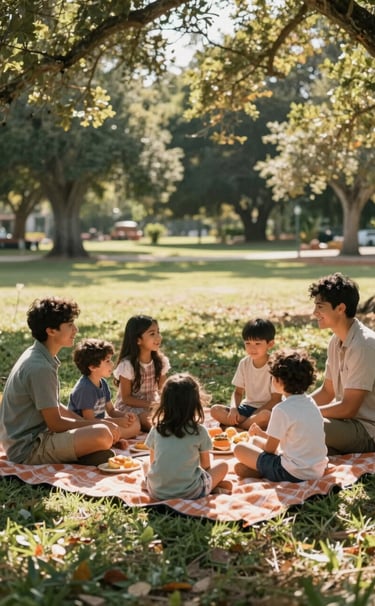 Wide cinematic shot of a young North American / US family having a picnic on a Terracotta blanket. The scene is sun-drenched with light filtering through trees, creating a warm, storytelling atmosphere.