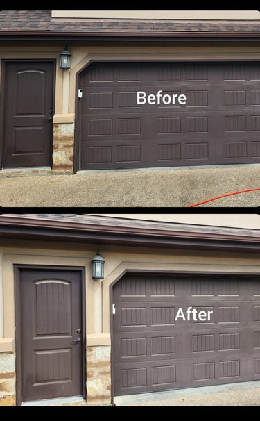 Cleaned stucco around garage door of house