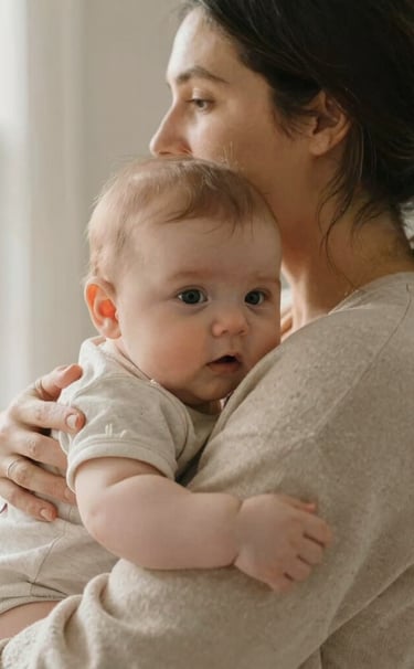 A close-up, high-key photograph of a mother embracing her baby. Soft morning light fills the room, highlighting beige and taupe textures. North American / US (West Michigan) setting.