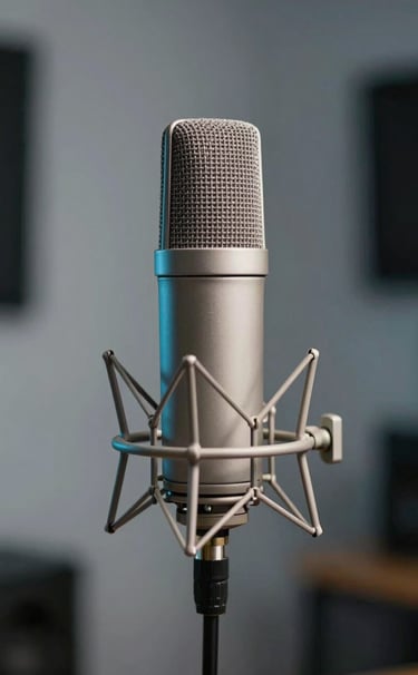 A high-end studio condenser microphone on a stand, isolated with a shallow depth of field. Professional studio environment in Spain. Artistic sophistication, using light gray and muted blue lighting to create a polished, technical look.