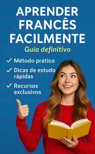 Uma jovem sorridente segura o livro “Aprenda francês facilmente – O guia definitivo”, transmitindo m