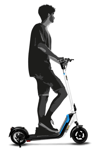 a man riding a scooter with a blue and white background