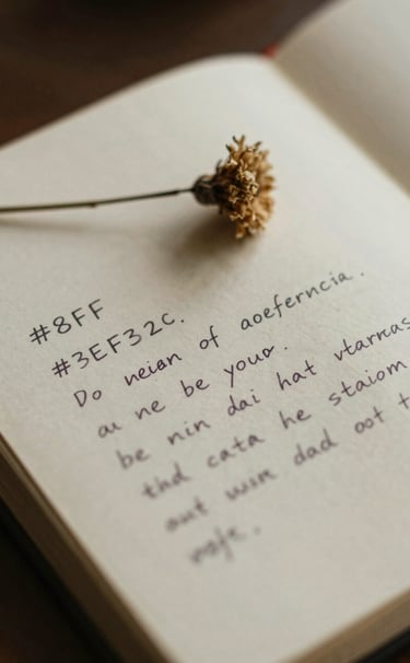 An intimate close-up shot of a hand-written journal entry on aged paper #F8F3EC. The ink is a faded charcoal #3E352B. Beside the journal lies a single dried wildflower. The image is underexposed and slightly grainy, shot with a shallow depth of field.