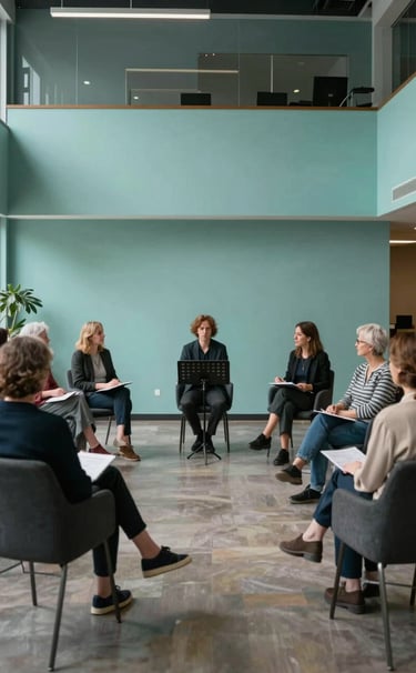 A wide-angle photograph of a solo artist conducting a music appreciation workshop for a small group of adults in a modern International / English-speaking community center. The space has Muted Turquoise accents and Dark Charcoal furniture.