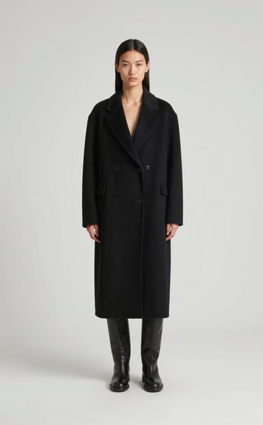 Wide shot of a minimalist architectural coat in black wool, model posing against a clean #F8F8F8 background, high-end fashion aesthetic with sharp shadows.