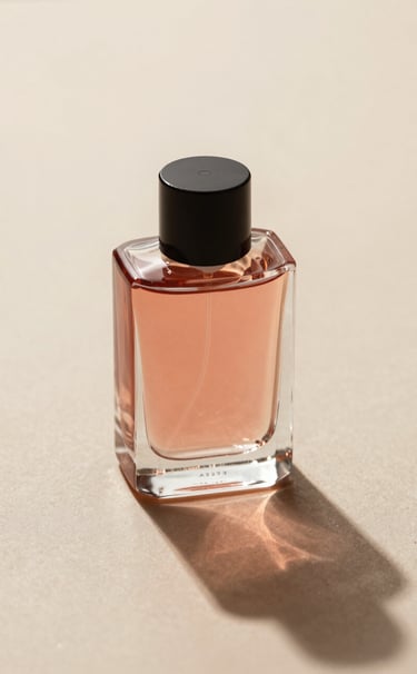 High-end product photography of a luxury perfume bottle. Hard light from the side creates a sharp, long shadow on a sand-colored #F8F4ED surface. The glass reflects hints of terracotta #A3533F. Minimalist, modern commercial style.