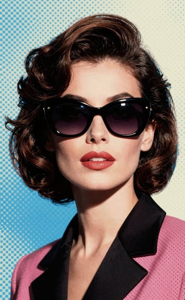 Bold Pop Art composition featuring a woman in 1960s French fashion wearing large sunglasses. High contrast, sharp black lines. The background features a halftone pattern in #FDFDF5 and #0050B3. Cinematic lighting, flat aesthetic, no gradients.