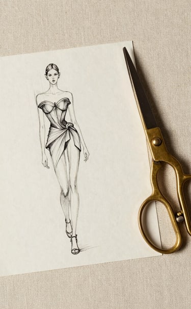 A minimalist studio flat lay of an archival fashion sketch alongside a vintage brass scissor, placed on a light warm beige textured linen background. Editorial composition, soft shadows, haute couture legacy vibe.