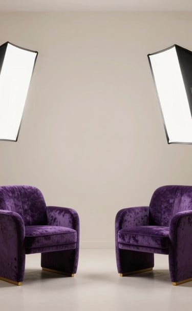 An elegant professional home studio setup in the Middle Eastern / Gulf region, featuring Amethyst purple velvet chairs, professional photography lighting with softboxes, and a minimalist Light Beige wall background, very luxurious.