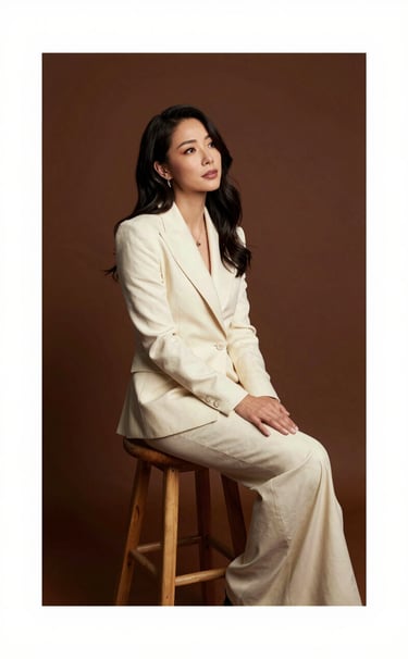 An artistic portrait of a singer-songwriter sitting on a wooden stool in a North American / US studio, looking thoughtfully to the side, wearing elegant attire in soft cream parchment tones against a deep espresso brown backdrop.