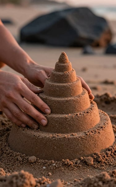 A candid close-up of hands gently shaping a smooth, spiraling sand sculpture. The texture of the damp, soft sand is highly detailed, illuminated by a warm terracotta glow from the setting sun. Cinematic shallow depth of field with a blurred charcoal rock background.