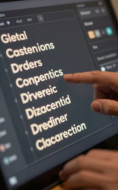 Close-up photography of a high-end digital interface with ivory text on a charcoal background, soft focus on hands interacting with a screen in a professional North American creative studio.