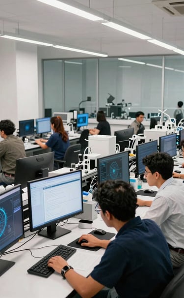 A wide documentary-style photograph of a collaborative modern research lab in Mexico City. Diverse engineers are analyzing online threat patterns on glowing monitors, in a bright space with white walls and sleek glass partitions.