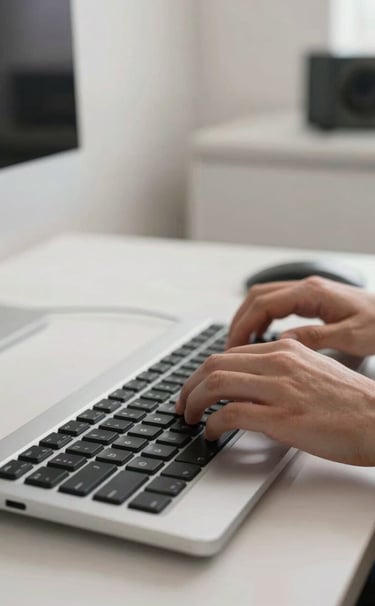 Close-up photography of a professional artist's hands working on a high-end keyboard in a modern North American / US studio. The workspace is clean with soft crisp off-white walls and cool silver grey accents.