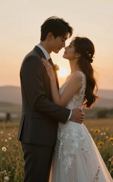A timeless portrait of a wedding couple embracing in a field at sunset, artistic lighting highlighting the texture of the white lace dress and the groom's #3A3335 suit, warm and heartfelt mood.