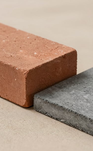 Close up shot of raw architectural materials: a block of Terracotta textured stone next to a smooth Charcoal concrete slab. Soft side lighting on a Soft Sand background.