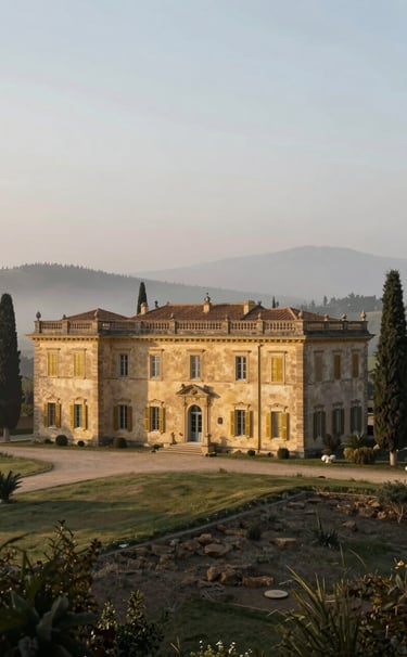 A wide, cinematic shot of a historic villa estate in the International / Global Art Scene countryside. The architecture features Soft Sand Gold stone and Muted Antique Gold shutters, surrounded by cypress trees under a soft morning mist.
