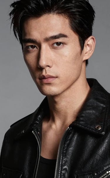 Medium close-up of a male model with sharp features, lit with high-contrast silver grey tones. He is wearing a jet black leather jacket. The mood is sophisticated and mysterious, characteristic of a high-end fashion magazine cover.