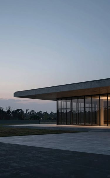 A wide cinematic landscape shot of an architectural structure at dusk. The sky has a soft #4A616F blue-grey hue. The lighting is moody and premium, emphasizing clean lines and a contemporary aesthetic typical of Pixell Studio's portfolio.
