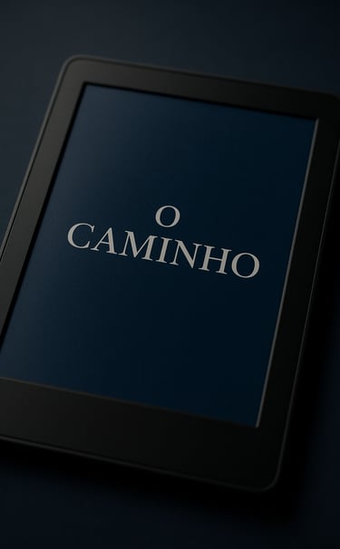 Close up photography of a high-end e-book reader screen showing a minimalist title 'O Caminho' with sophisticated typography, deep blue and dark navy aesthetic, professional studio lighting.