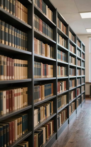 An architectural view of a quiet university archive hallway with tall charcoal shelves. The lighting is soft and natural, highlighting the textures of aged paper and antique gold details on book spines.