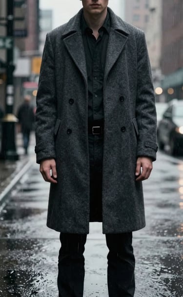 A dramatic movie poster for a thriller featuring a single figure in a charcoal gray coat on a rainy North American / US city street, high contrast, slate gray atmosphere, cinematic noir style.