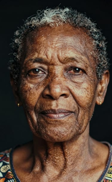 Close-up portrait of an elderly Angolana woman with a wise expression, skin textures highlighted by soft gold light, deep black background, cinematic 35mm film style.