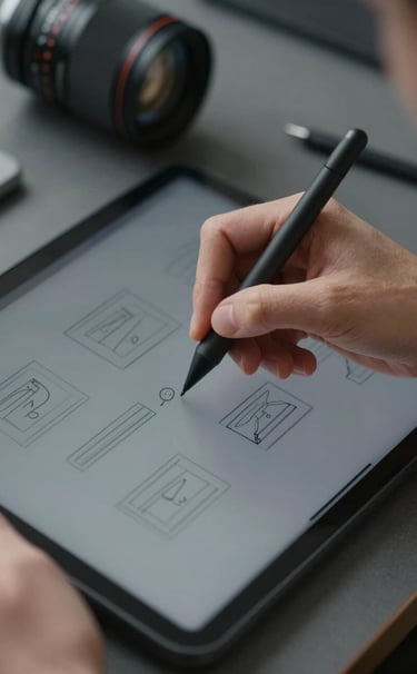A close-up of a designer's hand using a stylus on a tablet to sketch wireframes in a professional North American / US studio, featuring soft light grey and deep charcoal grey tones.