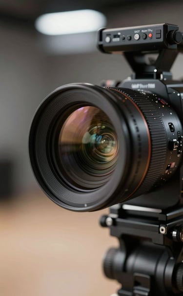 Close up of a professional 4K cinema camera lens reflecting a studio light, with a blurred background of a modern production studio featuring Soft Sand and Charcoal tones.