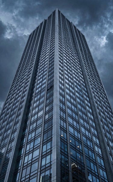 A dramatic low-angle shot of a sleek skyscraper reflecting a dark blue stormy sky. The lighting is moody and clean, emphasizing the sharp architectural lines in slate and steel blue colors. International / Western city architecture.