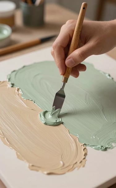 A close-up photograph of a student's hands skillfully using a palette knife to apply thick oil paint in shades of sand and sage green onto a canvas. The setting is a clean, professional art studio in North America / US. Soft, warm lighting creates an inspiring and educational mood.
