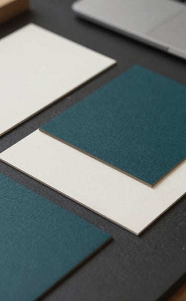 A close-up of high-quality sustainable paper samples and editorial proofs arranged on a dark, refined desk. The lighting is focused and intellectual. Colors incorporate dark teal and off-white textures.