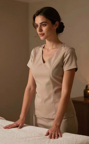 A serene massage room with dim lighting and elegant dark tones.