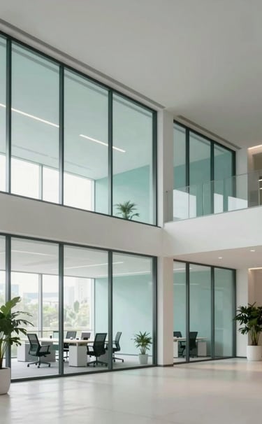 A large-scale, high-resolution architectural shot of a minimalist office space. The design features clean lines, expansive glass, and a subtle incorporation of indoor plants. The lighting is soft and even, highlighting the brand colors of muted teal (#3F5E5C) and off-white (#F0F4F4).