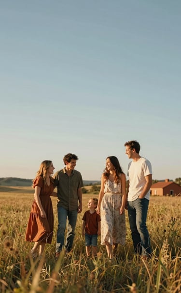Candid wide shot of a family of four laughing together in a sun-drenched meadow in the North American / US countryside. The light is golden hour, with soft blue sky and warm terracotta accents in the environment.
