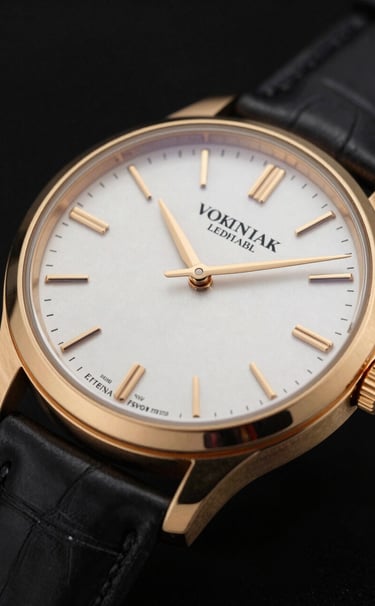 Close-up photography of a luxury watch with elegant gold details, reflecting soft studio light. Modern Turkish / Istanbul boutique style setting with a deep black background.
