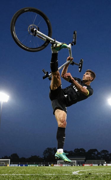 Dynamic action shot of a soccer player performing a bicycle kick. Captured at peak height against a dark blue evening sky. Professional stadium lighting creates white highlights, Western / International setting, high-speed photography.