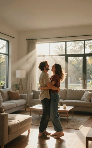 A cinematic, wide-angle shot of a couple embracing in a warm, sun-filled living room of a modern North American home. Sunbeams stream through the window, catching dust motes and creating a hazy, golden atmosphere. The couple is laughing authentically, dressed in casual, earthy-toned attire.