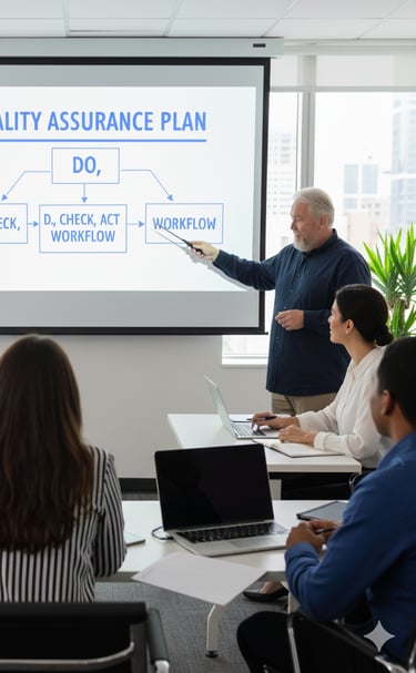Consultant holding a QA training presentation to new engineers at a London Based Oil and Gas company