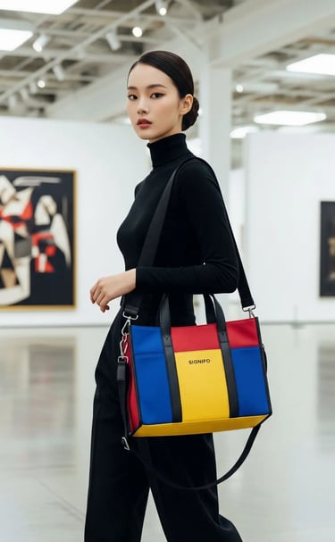 Seorang wanita berpakaian hitam elegan membawa tas SIGNIFO color-block di sebuah galeri seni.