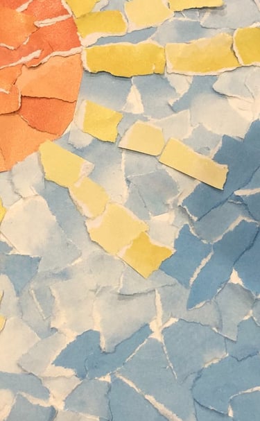 Collage made from torn paper by Heather Suto titled "Sun and Sea". 