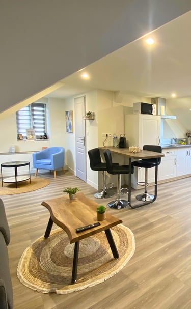 Studio meublé avec coin repas et espace détente pour professionnel en mission.