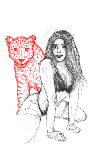 scribble art drawing nude woman with jaguar by nuditat