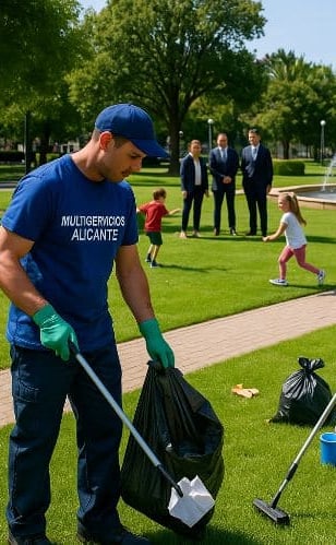 Dos trabajadores de multiservicios limpiando un parque con niños jugando y tres hombres observando