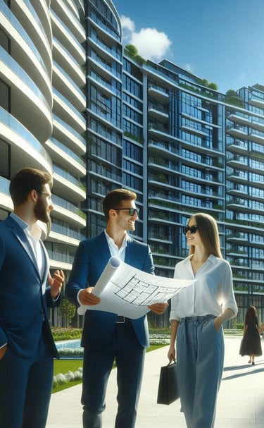 Desarrollador, mostrando planos del condominio a administradores